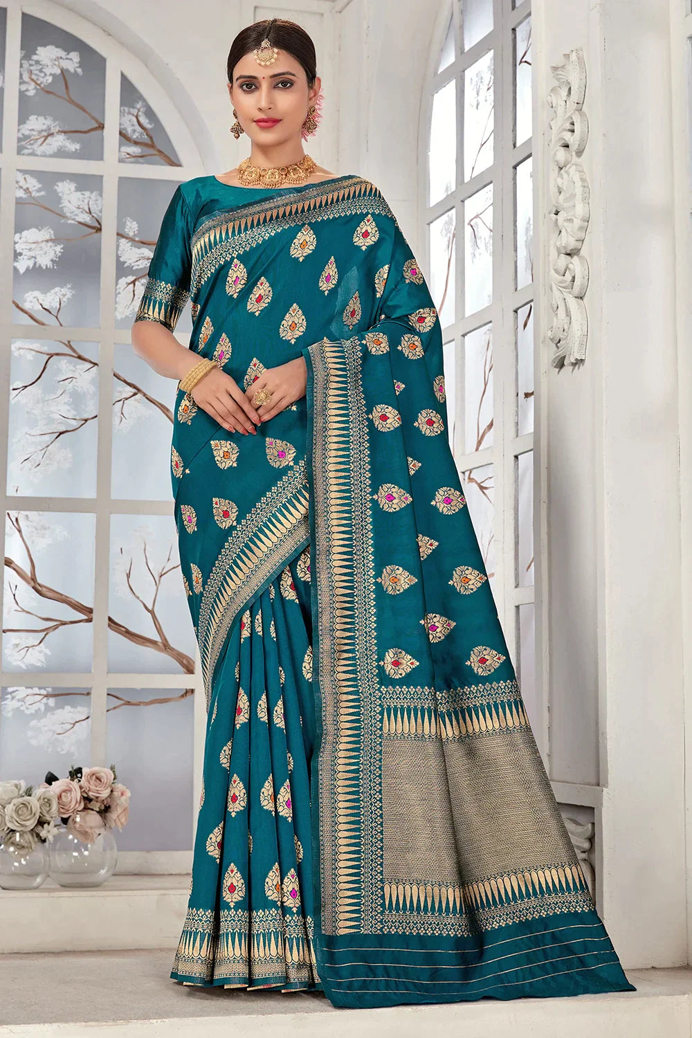 Rama Blue Banarasi Silk Saree With Zari Weaving Work - Colorful Saree