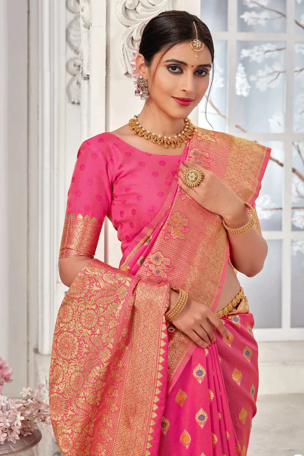 Pink Banarasi Silk Saree With Zari Weaving Work - Colorful Saree