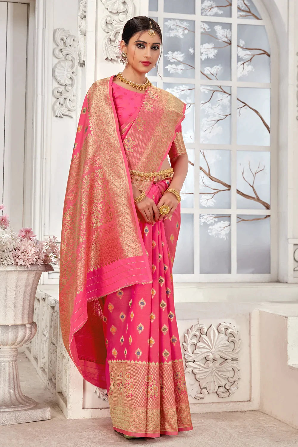 Pink Banarasi Silk Saree With Zari Weaving Work - Colorful Saree