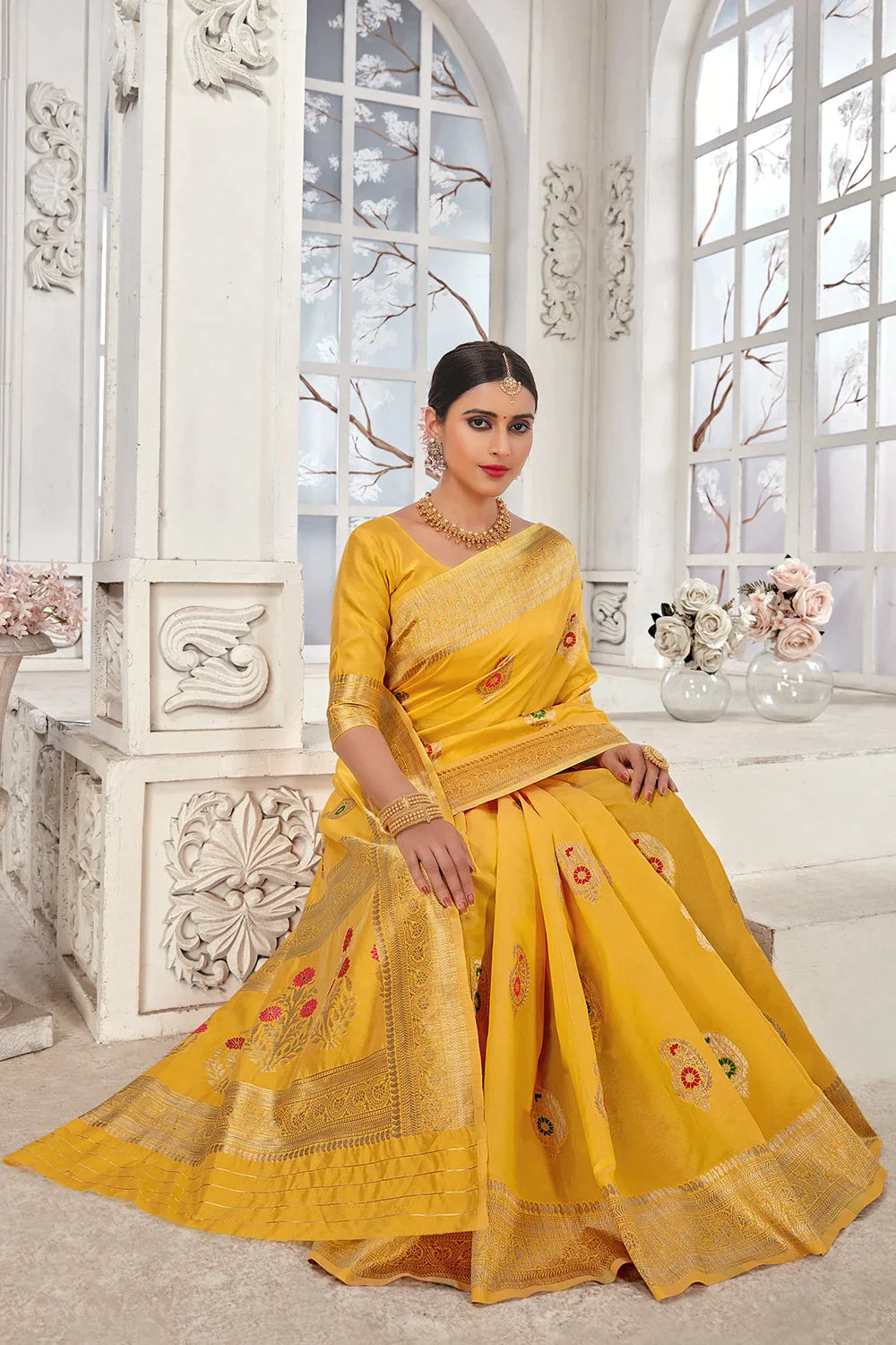 Yellow Banarasi Silk Saree With Zari Weaving Work - Colorful Saree