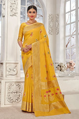 Yellow Banarasi Silk Saree With Zari Weaving Work - Colorful Saree