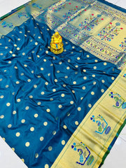 Dazzling Blue Paithani Silk Saree With Desiring Blouse Piece - Colorful Saree