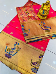 Stylish Dark Pink Paithani Silk Saree With Stunner Blouse Piece - Colorful Saree