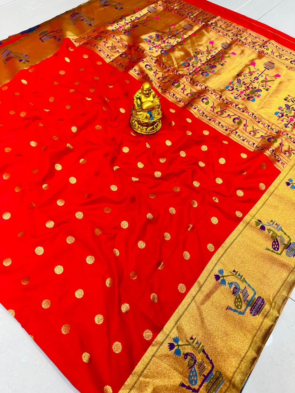 Classic Red Paithani Silk Saree With Elision Blouse Piece - Colorful Saree