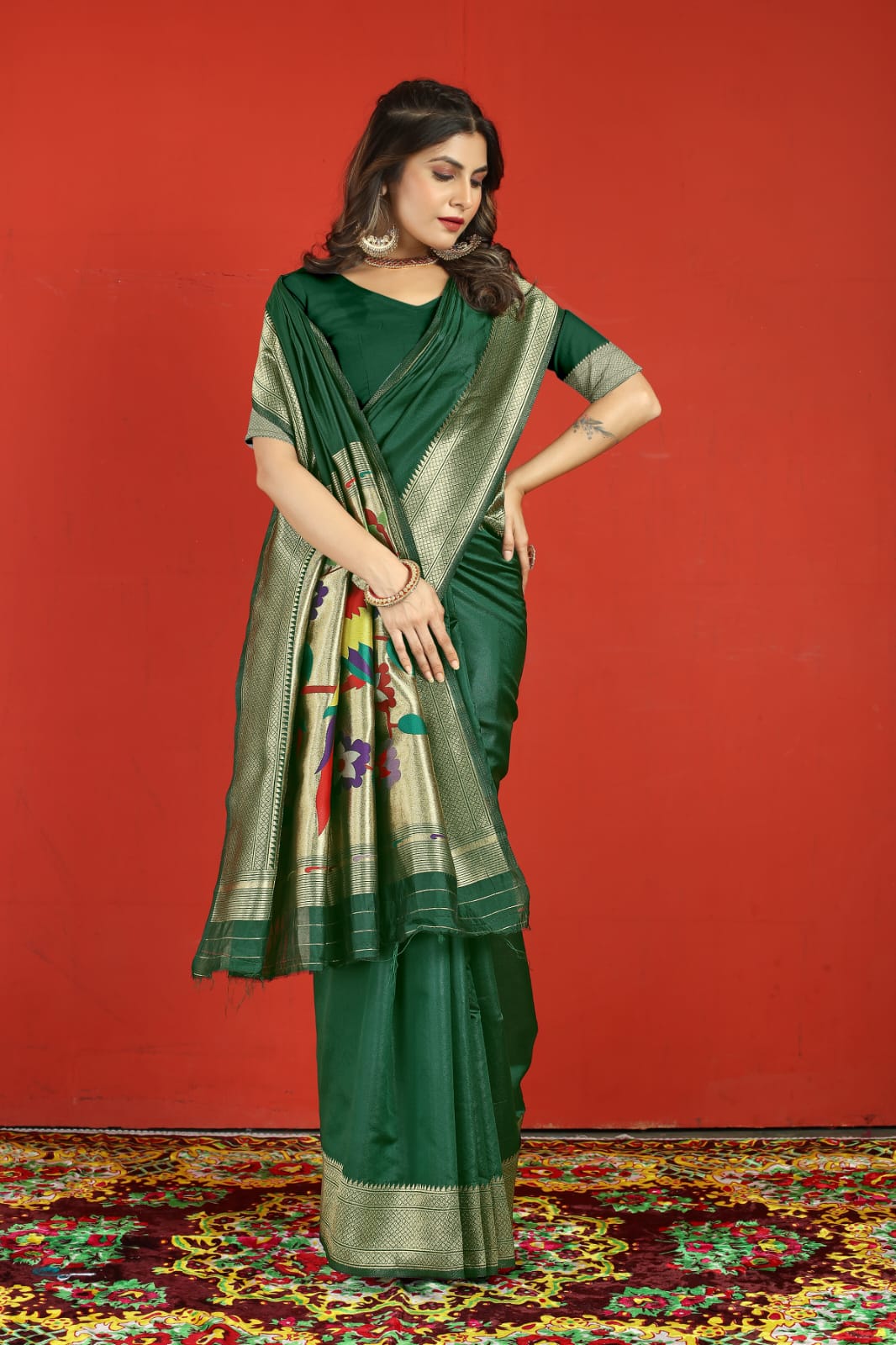 Symmetrical Dark Green Paithani Silk Saree With Extraordinary Blouse Piece - Colorful Saree