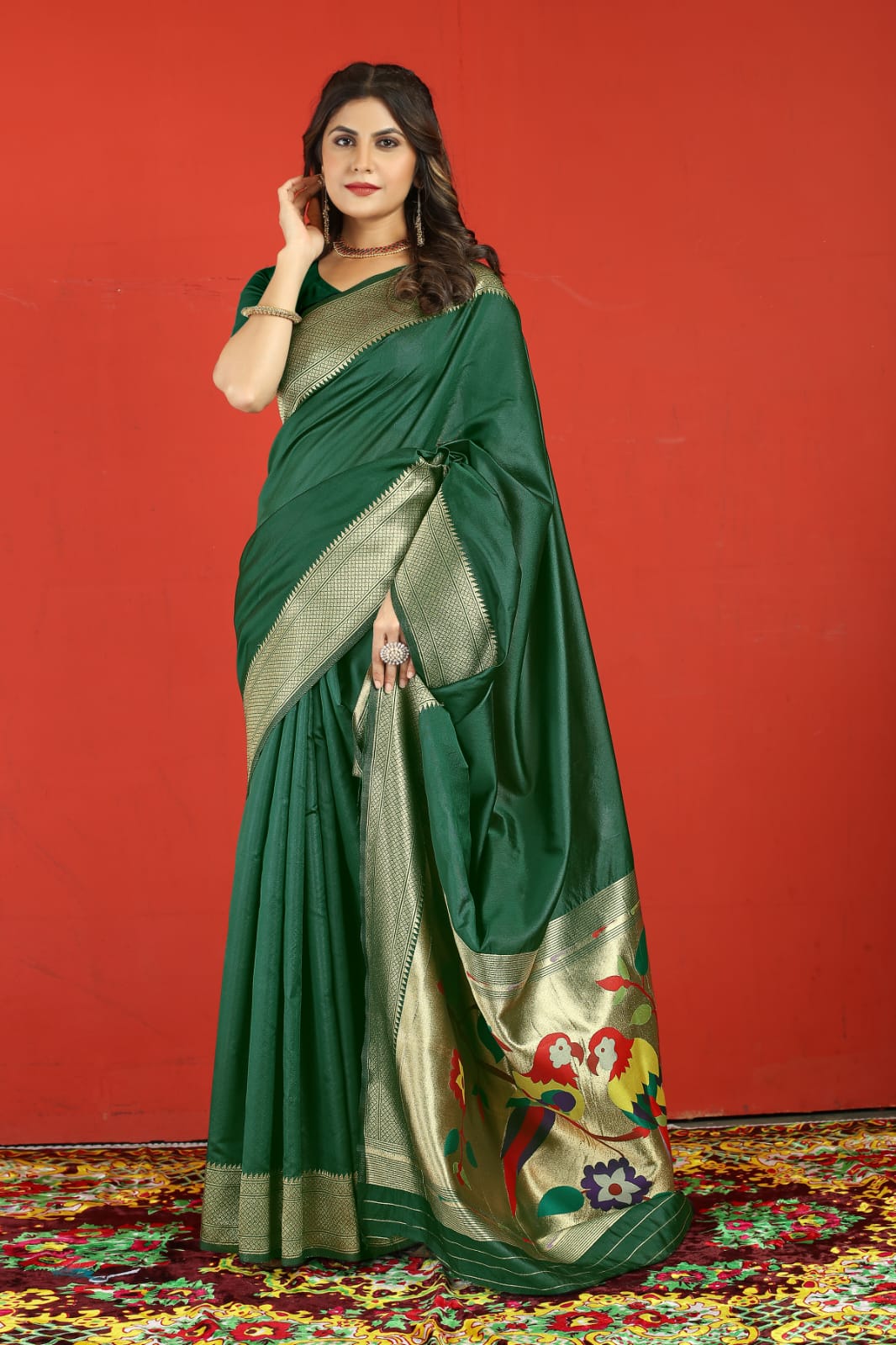 Symmetrical Dark Green Paithani Silk Saree With Extraordinary Blouse Piece - Colorful Saree