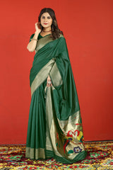 Symmetrical Dark Green Paithani Silk Saree With Extraordinary Blouse Piece - Colorful Saree