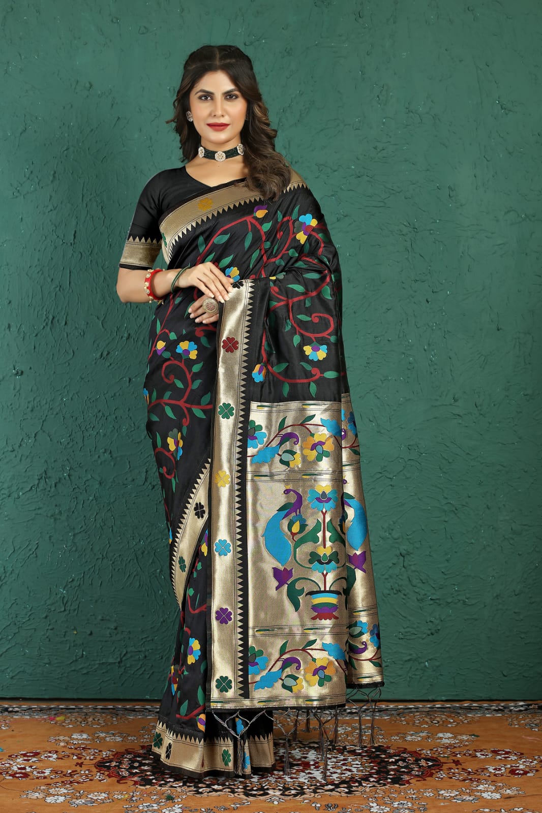 Propinquity Black Paithani Silk Saree With Demesne Blouse Piece - Colorful Saree