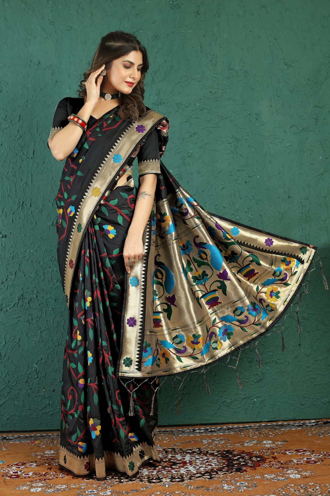 Propinquity Black Paithani Silk Saree With Demesne Blouse Piece - Colorful Saree