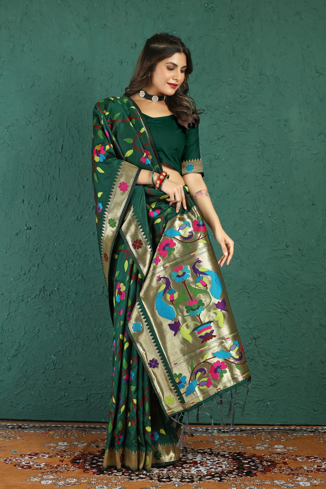 Quintessential Dark Green Paithani Silk Saree With Mellifluous Blouse Piece - Colorful Saree