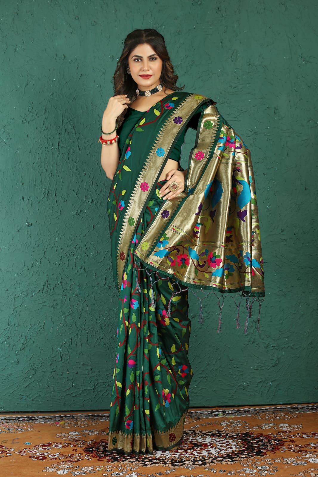 Quintessential Dark Green Paithani Silk Saree With Mellifluous Blouse Piece - Colorful Saree