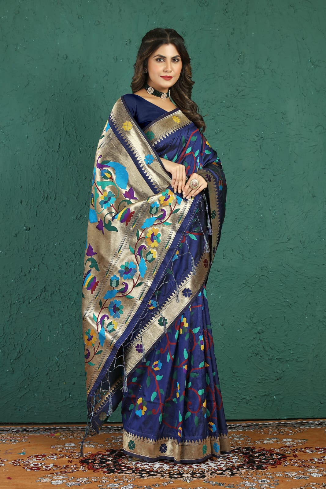Surreptitious Navy Blue Paithani Silk Saree With Magnetic Blouse Piece - Colorful Saree