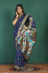 Surreptitious Navy Blue Paithani Silk Saree With Magnetic Blouse Piece - Colorful Saree
