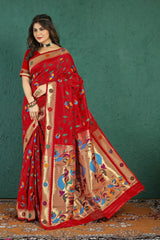 Improbable Red Paithani Silk Saree With Palimpsest Blouse Piece - Colorful Saree