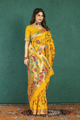 Comely Yellow Paithani Silk Saree With Adoring Blouse Piece - Colorful Saree