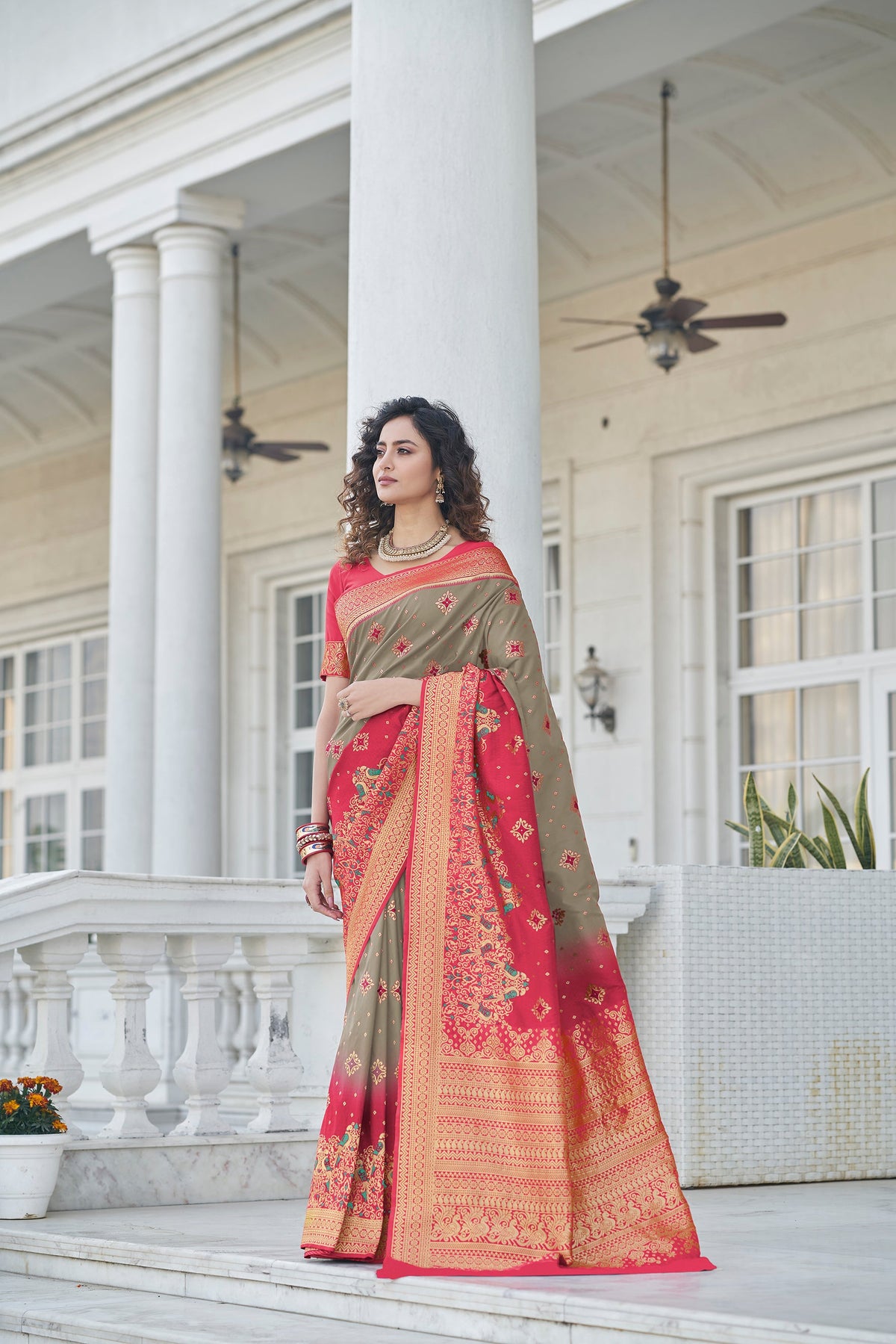 Marvelous Grey Zari Weaving Banarasi Silk Wedding Wear Saree - Colorful Saree