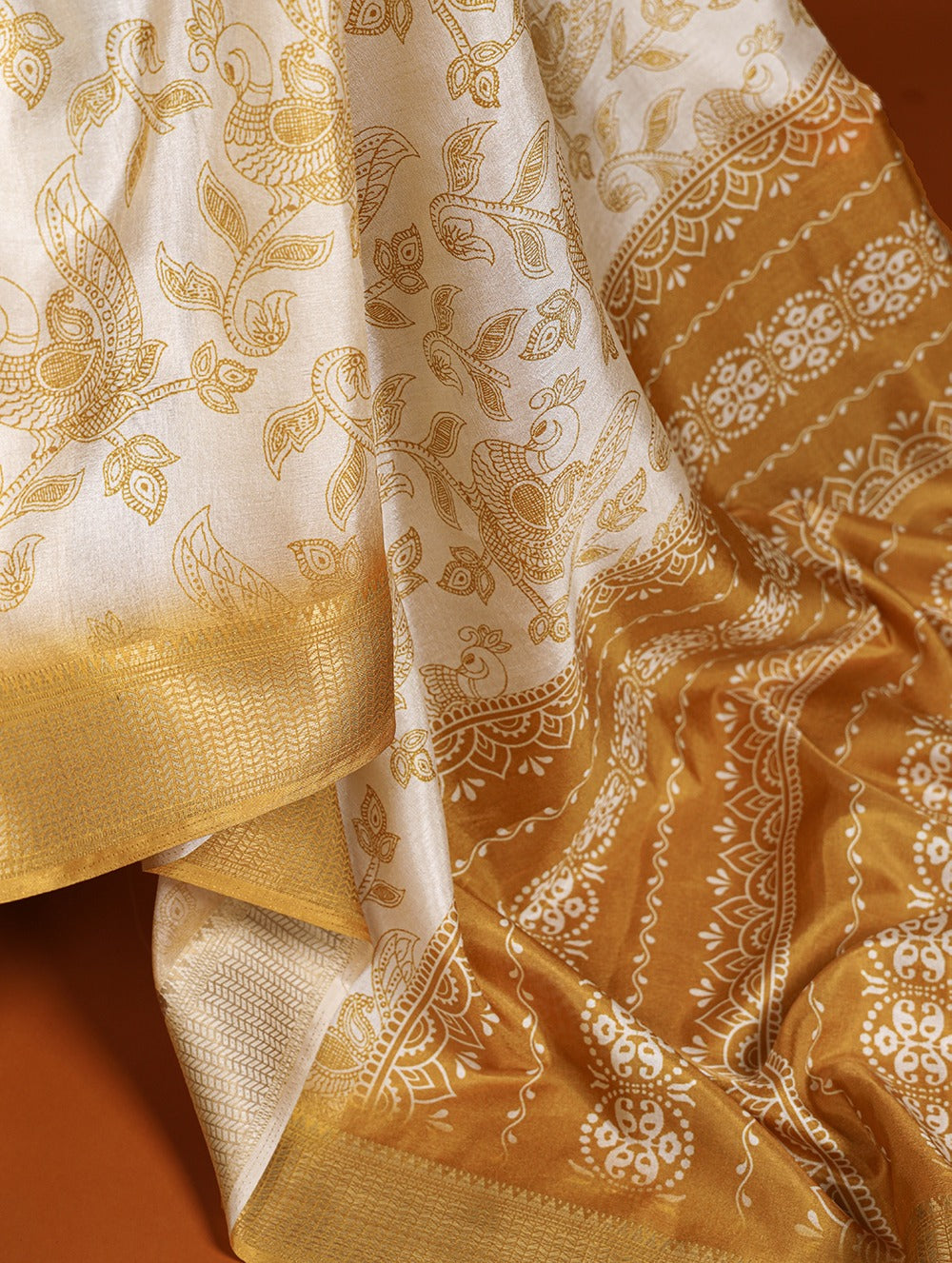 Mustard Yellow Dola Silk Saree with Printed Work and Zari Border Colorful Saree