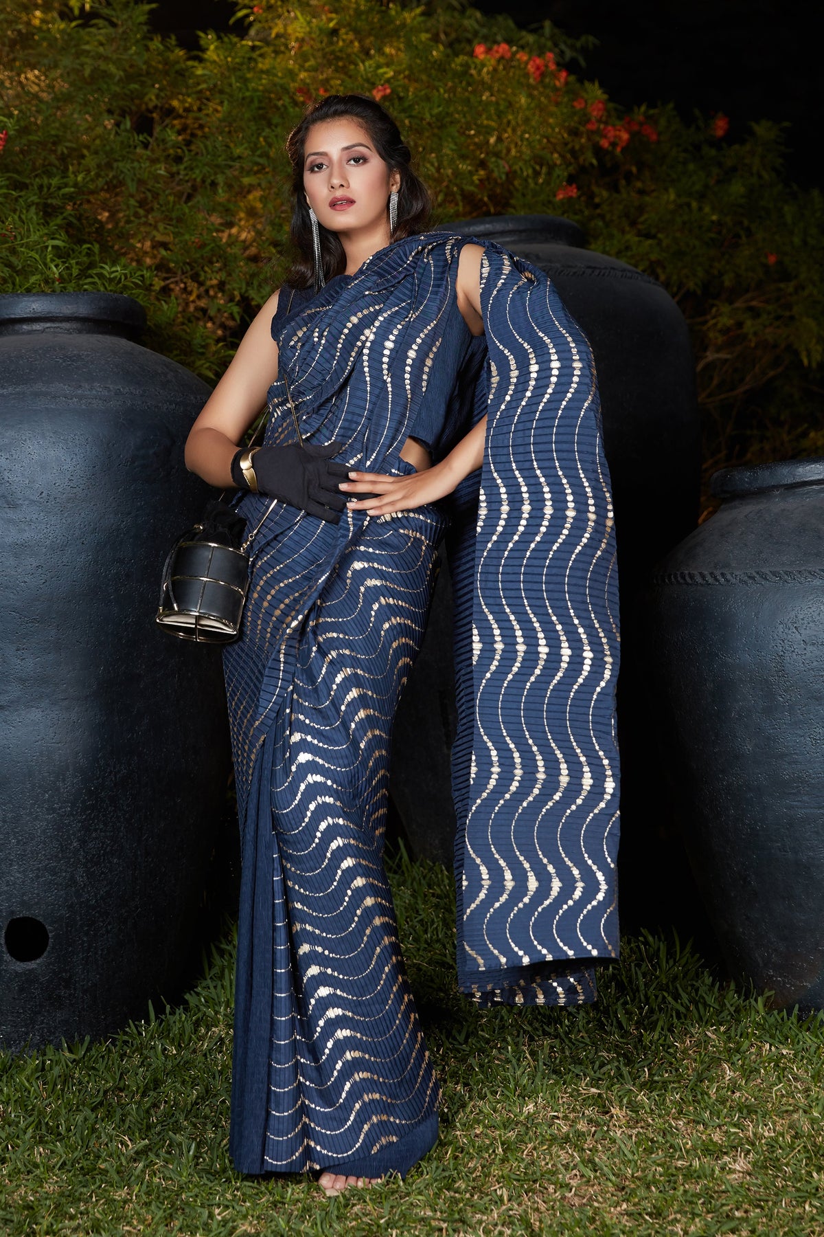 Navy Blue Foil Work Silk Party Wear Pleated Saree With Blouse - Colorful Saree