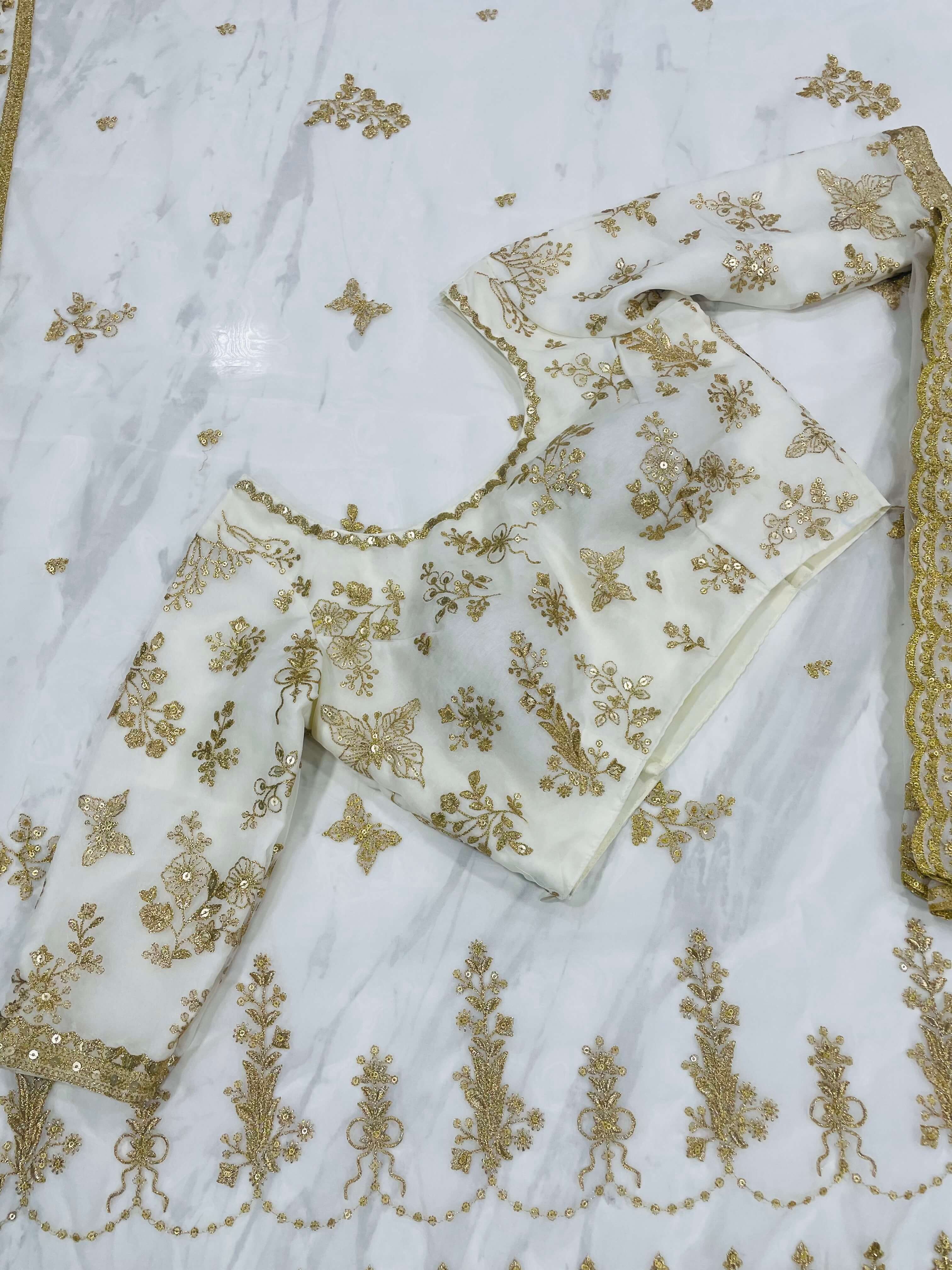 Off-White Half Sleeves Organza Silk Saree - Colorful Saree