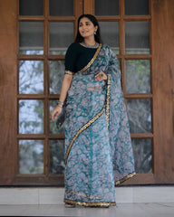 Off-white with Grey Lace Work Flower Print Organza Saree - Colorful Saree