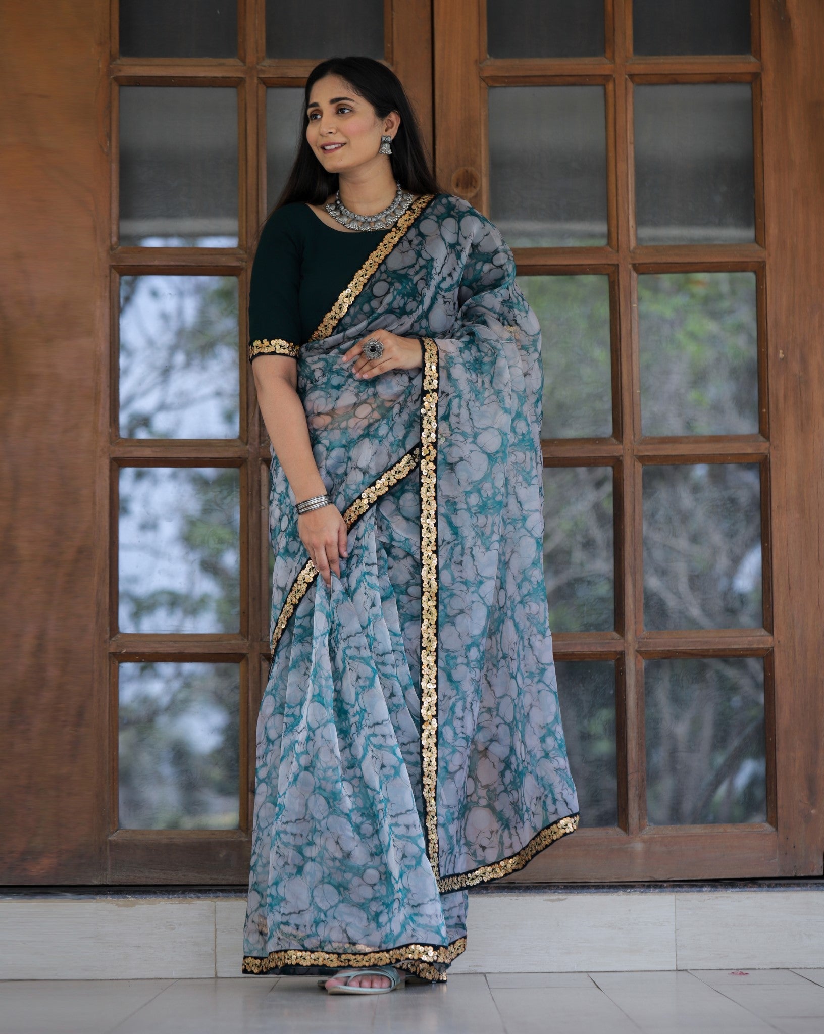 Off-white with Grey Lace Work Flower Print Organza Saree - Colorful Saree