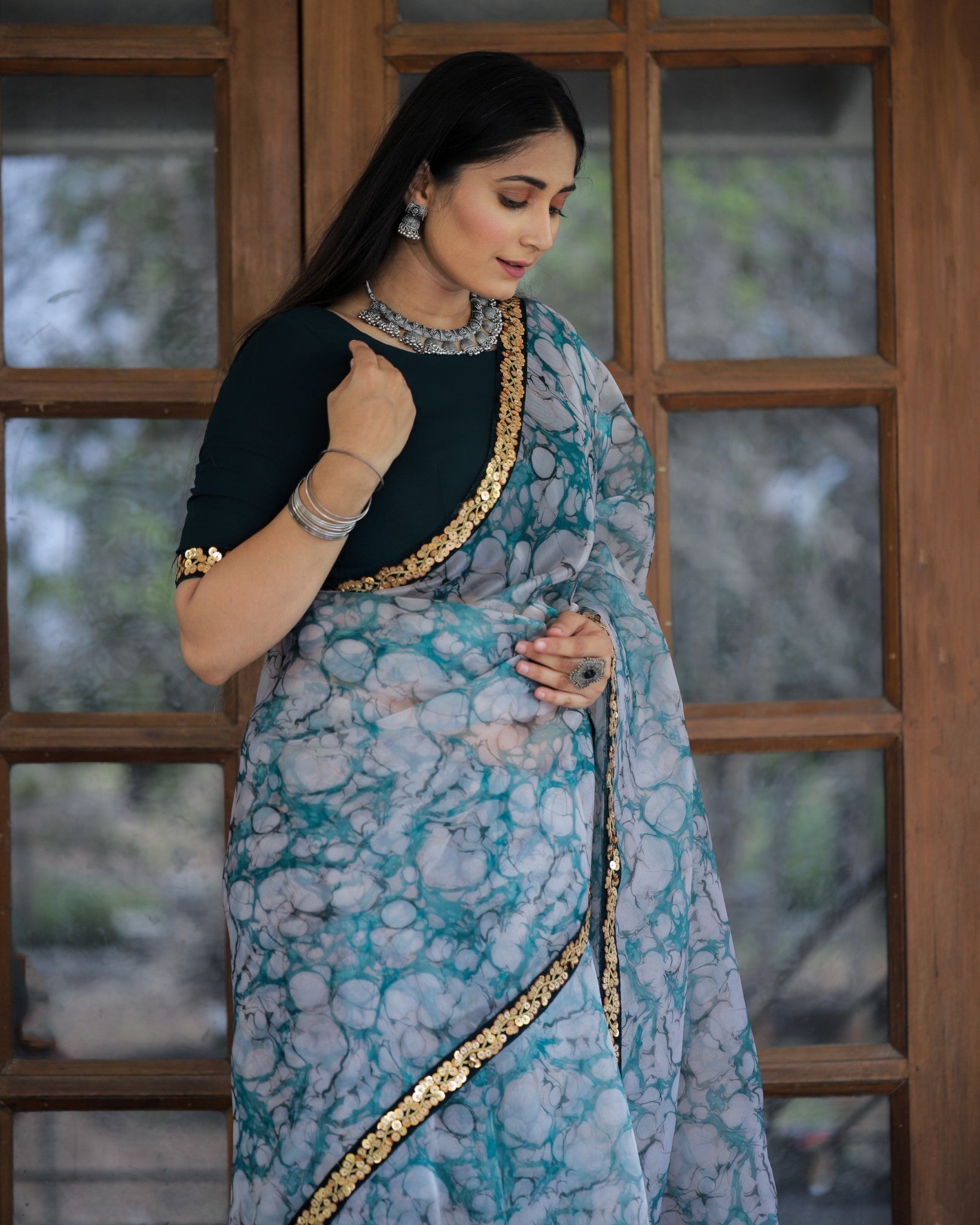 Off-white with Grey Lace Work Flower Print Organza Saree - Colorful Saree