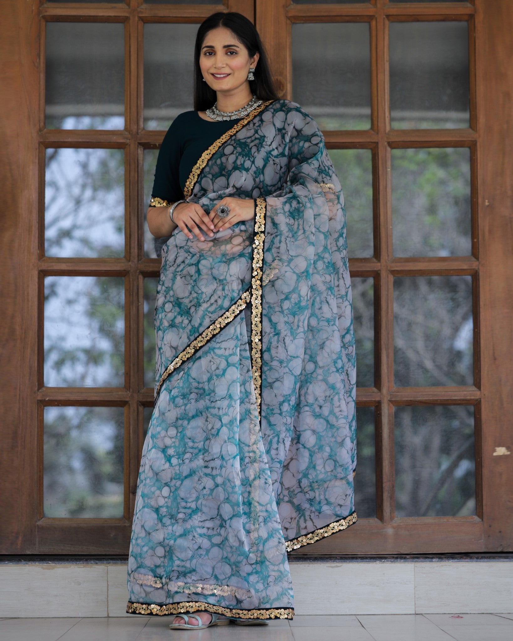 Off-white with Grey Lace Work Flower Print Organza Saree - Colorful Saree