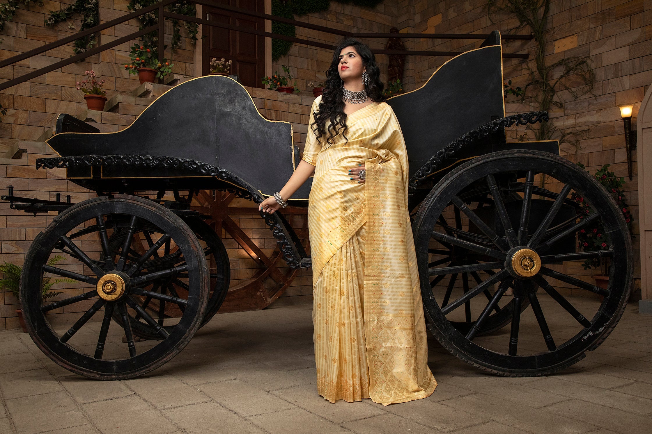 Off White Striped Banarasi Silk Festival Wear Saree With Blouse - Colorful Saree