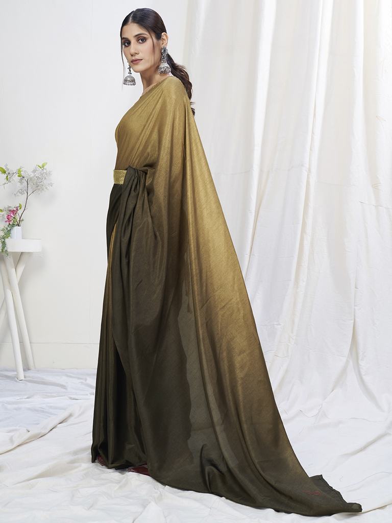 Olive Green-Brown Ready to Wear One Minute Lycra Saree - Colorful Saree