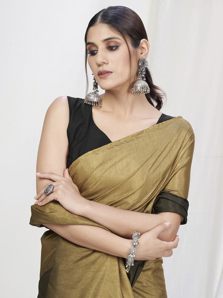 Olive Green-Brown Ready to Wear One Minute Lycra Saree - Colorful Saree