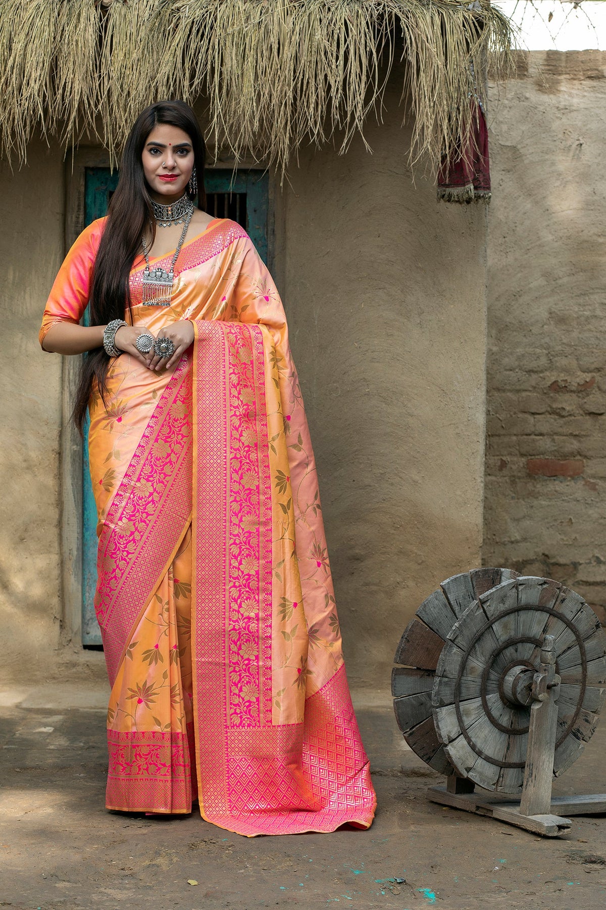 Orange Art Banarasi Silk Saree With Blouse - Colorful Saree