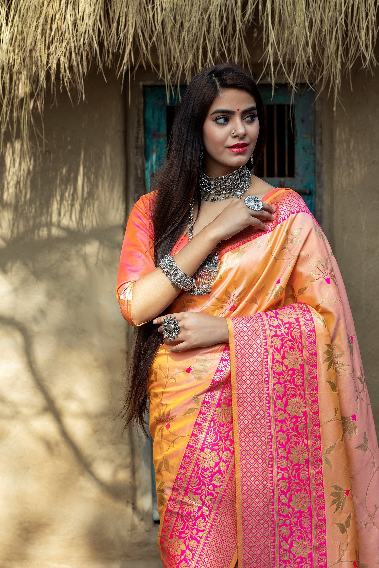 Orange Art Banarasi Silk Saree With Blouse - Colorful Saree