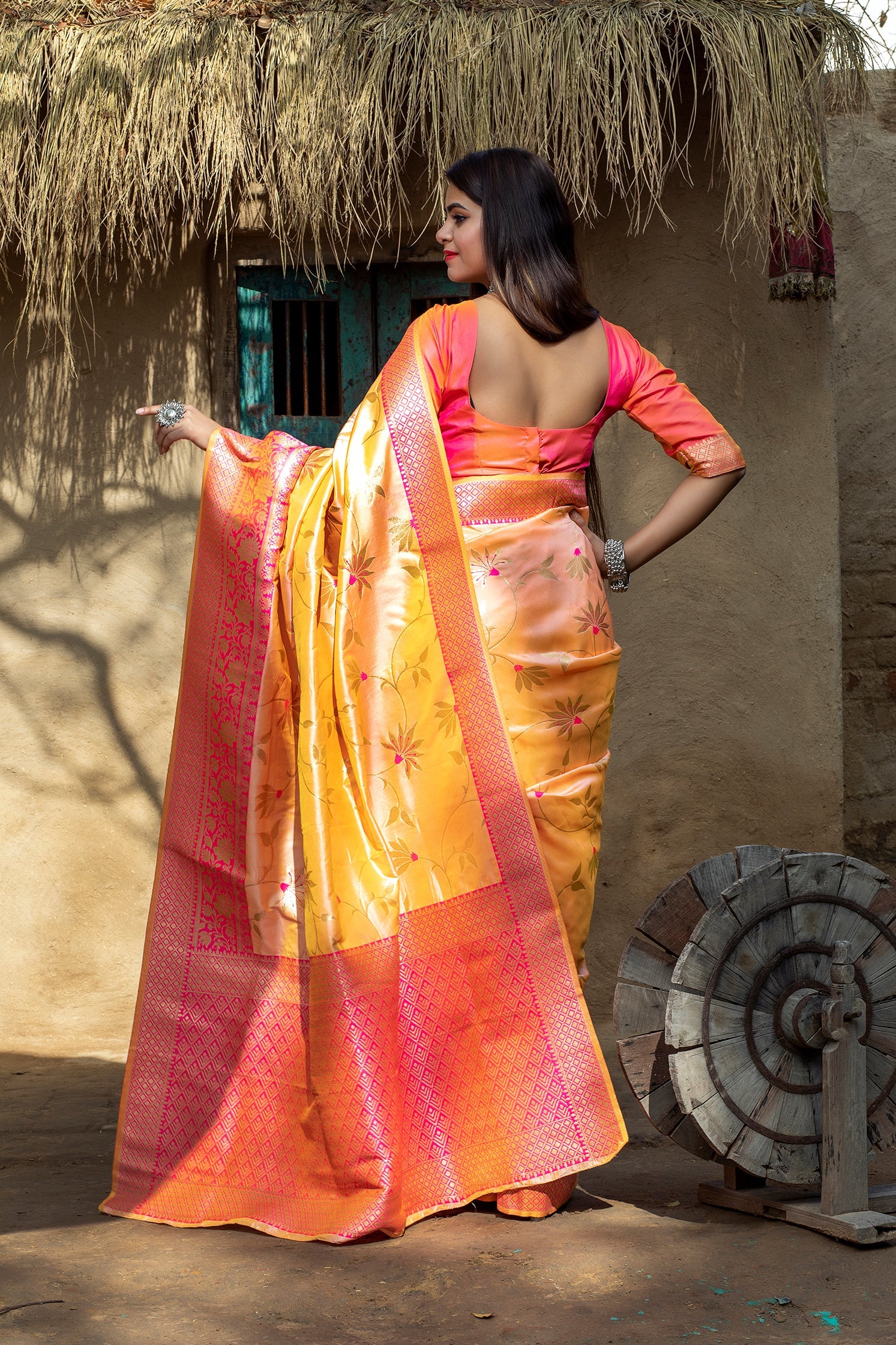 Orange Art Banarasi Silk Saree With Blouse - Colorful Saree