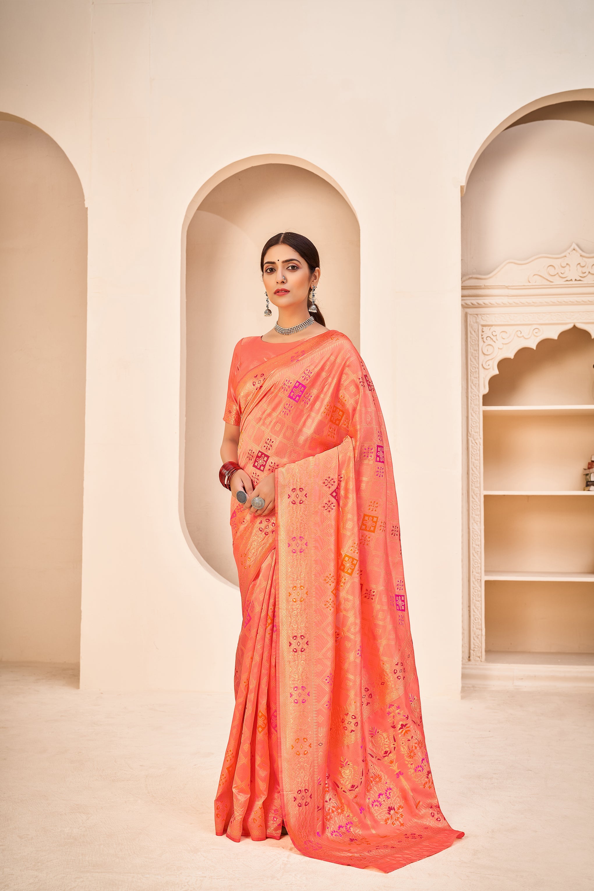 Orange Color Banarasi Silk Base Jewel Neck Blouse Embroidered Saree - Colorful Saree
