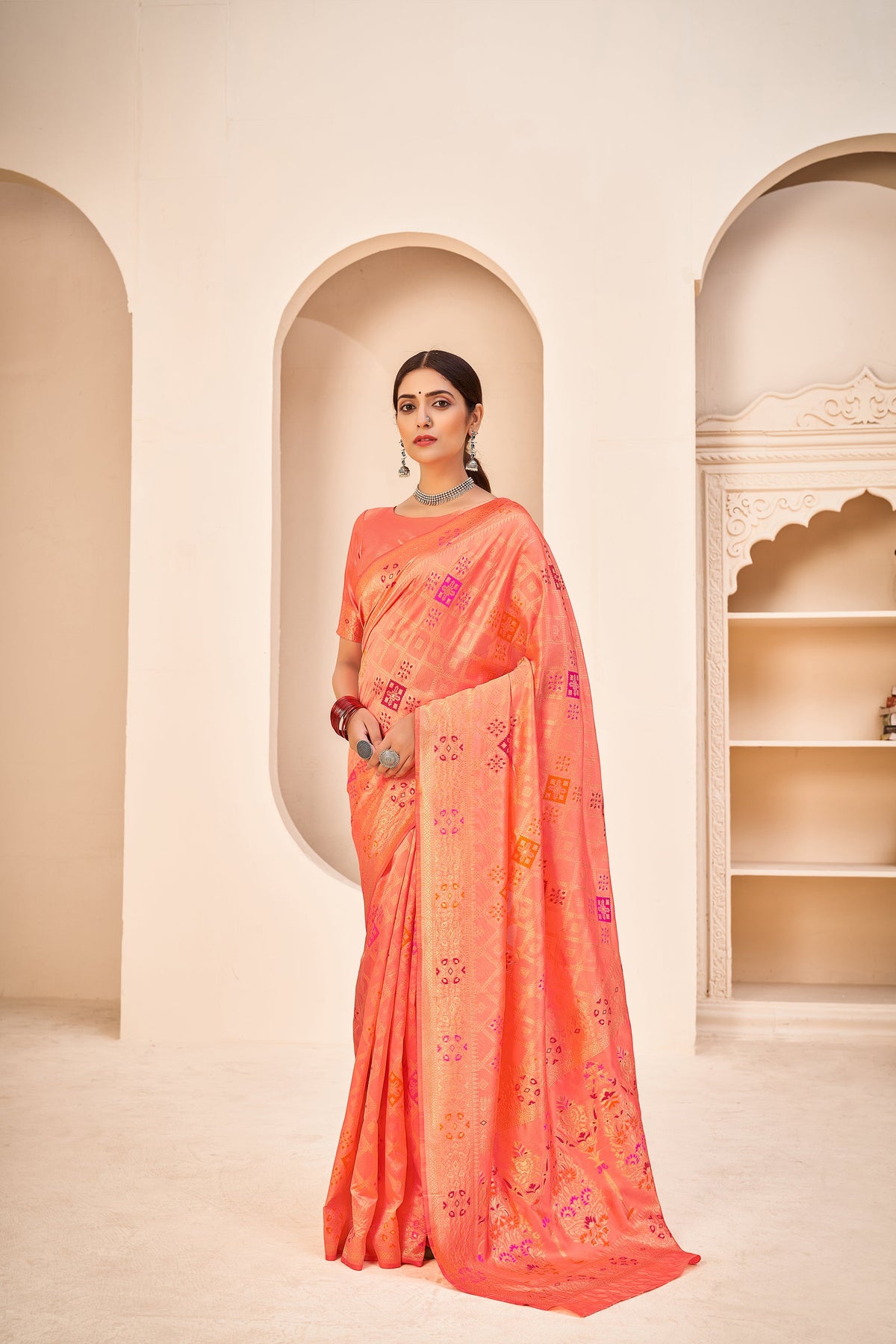 Orange Color Banarasi Silk Base Jewel Neck Blouse Embroidered Saree - Colorful Saree