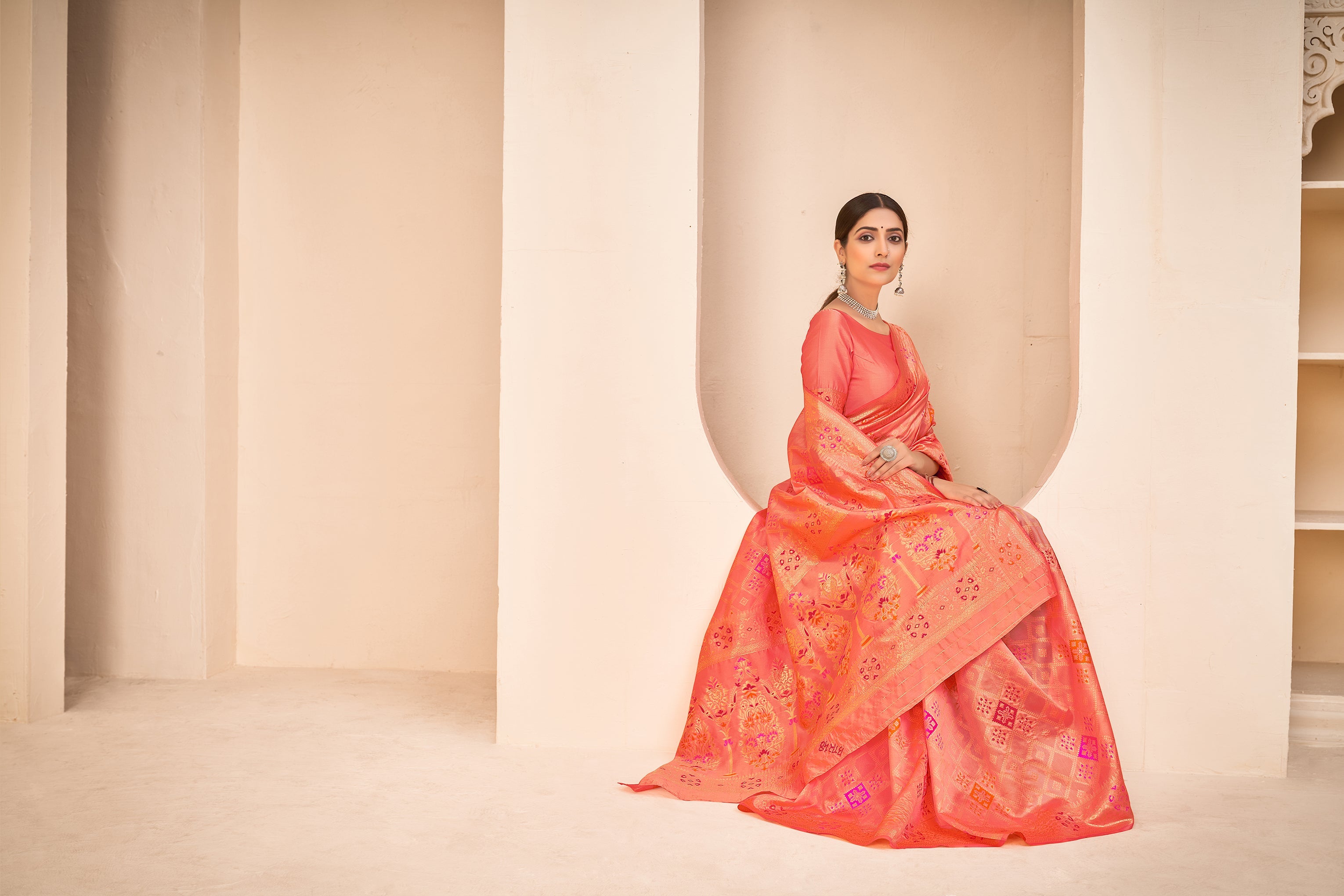 Orange Color Banarasi Silk Base Jewel Neck Blouse Embroidered Saree - Colorful Saree