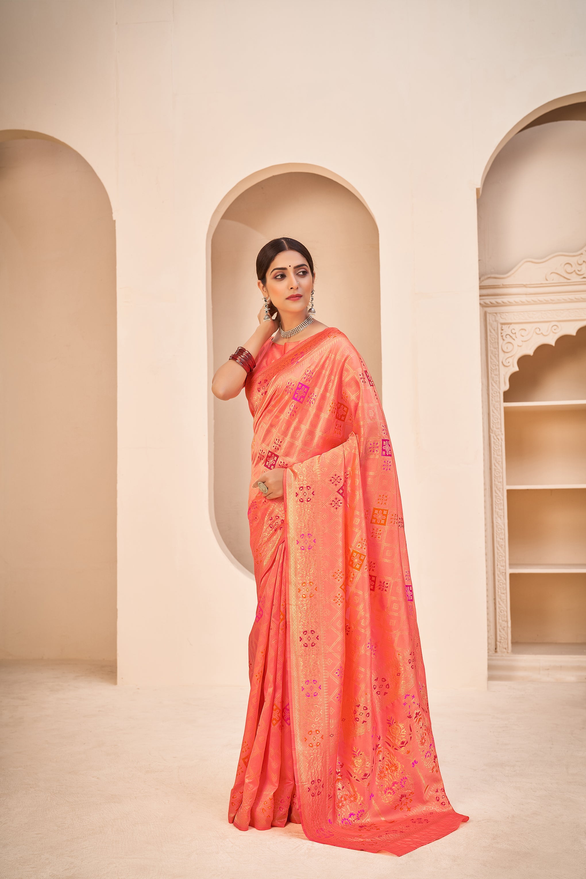 Orange Color Banarasi Silk Base Jewel Neck Blouse Embroidered Saree - Colorful Saree
