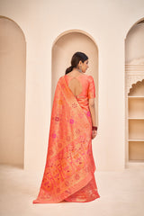 Orange Color Banarasi Silk Base Jewel Neck Blouse Embroidered Saree - Colorful Saree