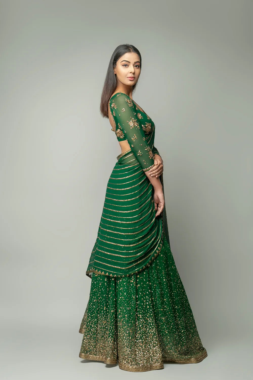 Pakistani Green Lehenga Saree in Georgette Colorful Saree