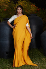 Party Wear Pleated Saree In Yellow Foil Work Silk With Blouse - Colorful Saree