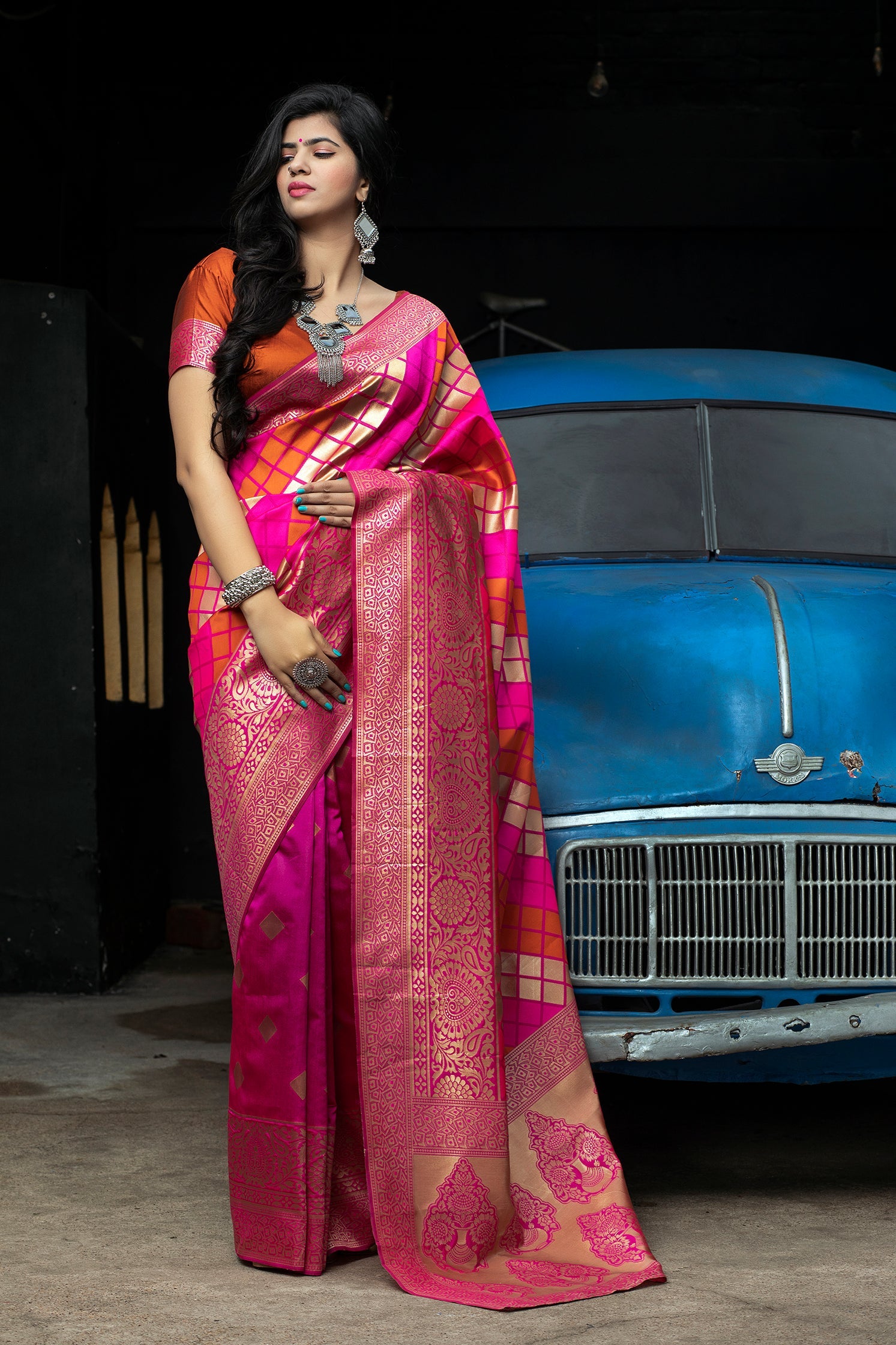 Pink-Orange Banarasi Silk Festival Wear Saree With Blouse - Colorful Saree