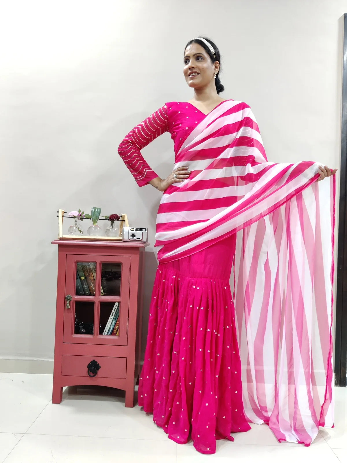 Pink Stripe Printed Lehenga Saree In Georgette Colorful Saree