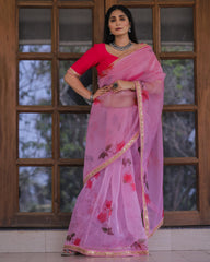 Pink Color Lace Work Flower Print Organza Saree - Colorful Saree