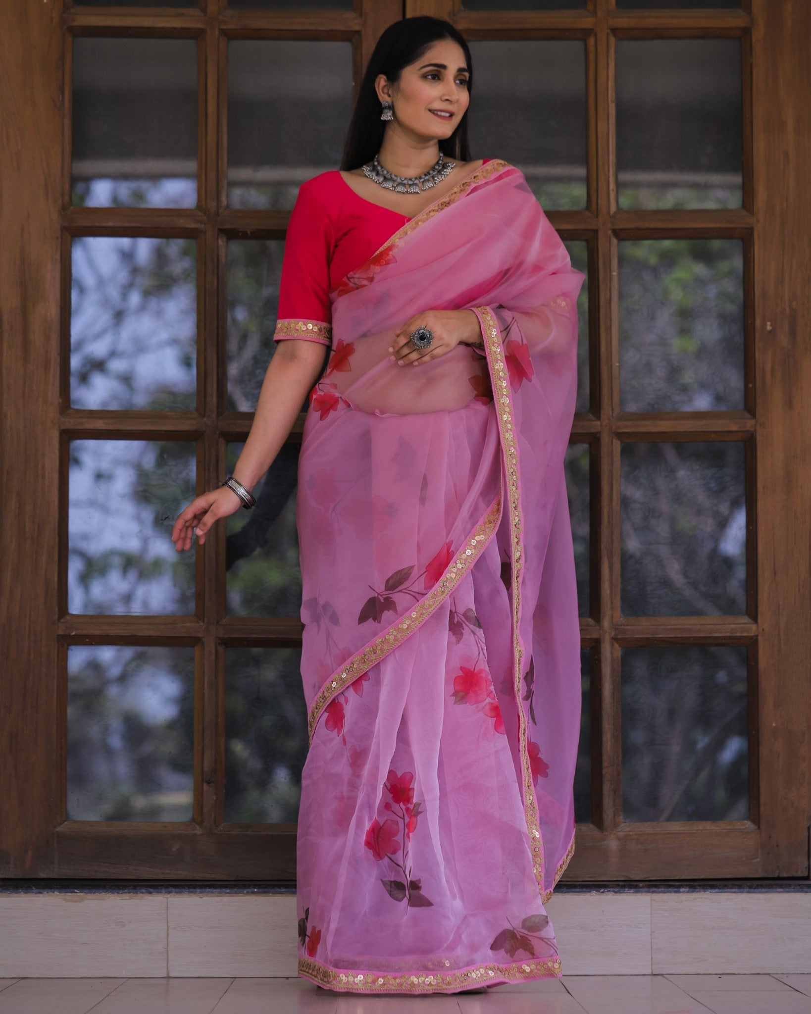 Pink Color Lace Work Flower Print Organza Saree - Colorful Saree