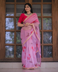 Pink Color Lace Work Flower Print Organza Saree - Colorful Saree