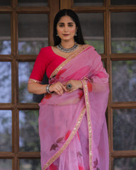 Pink Color Lace Work Flower Print Organza Saree - Colorful Saree