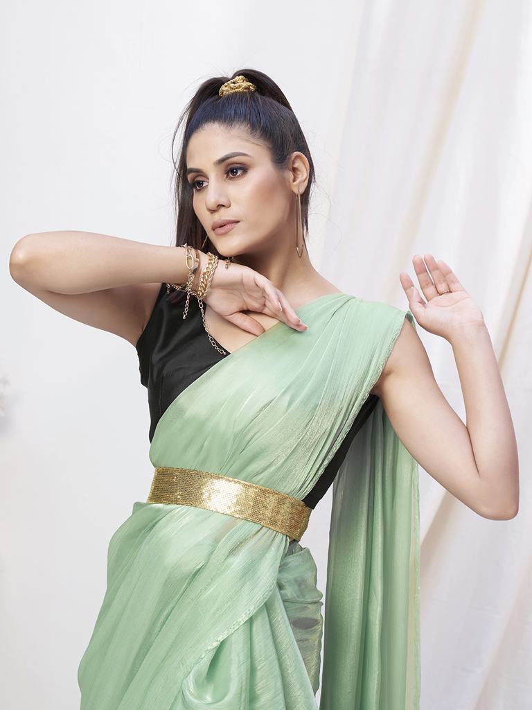 Pistachio Green Pre-Stitched Blended Silk Saree - Colorful Saree