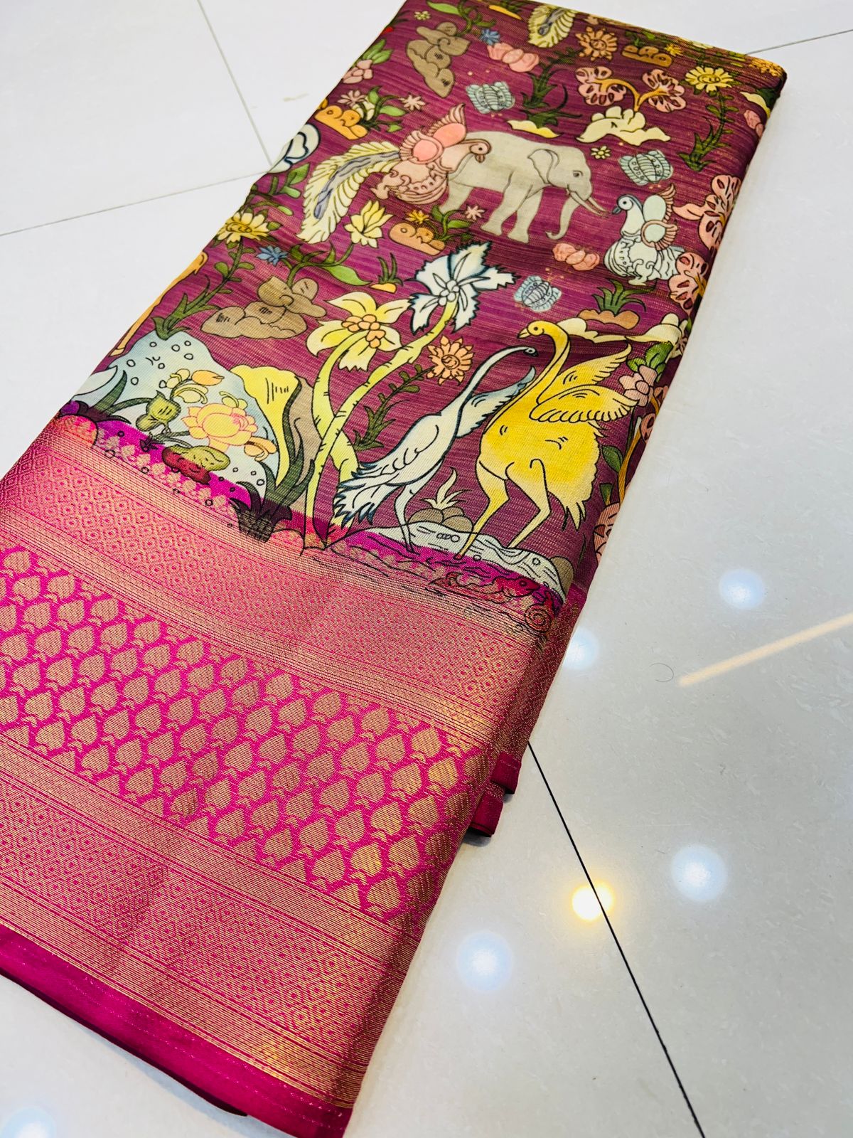 Enchanting Purple Kalamkari Printed Saree With Denouement Blouse Piece - Colorful Saree