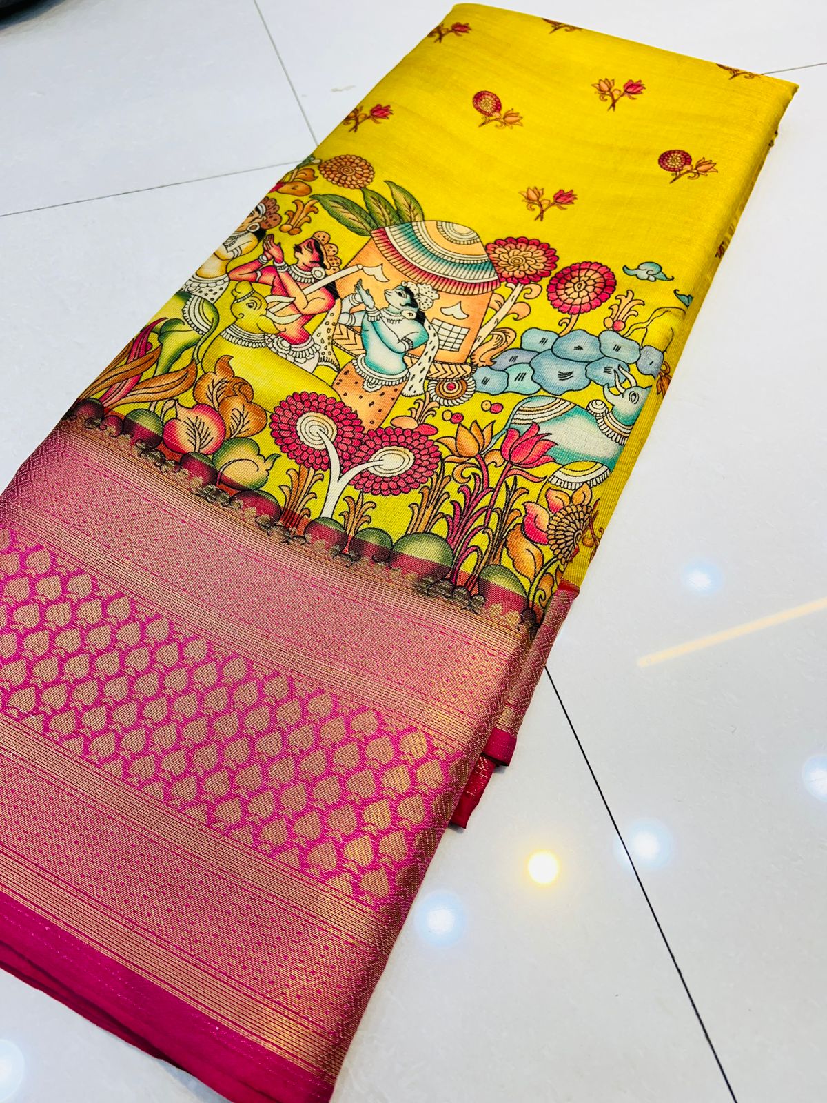 Comely Yellow Kalamkari Printed Saree With Ideal Blouse Piece - Colorful Saree