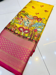 Comely Yellow Kalamkari Printed Saree With Ideal Blouse Piece - Colorful Saree